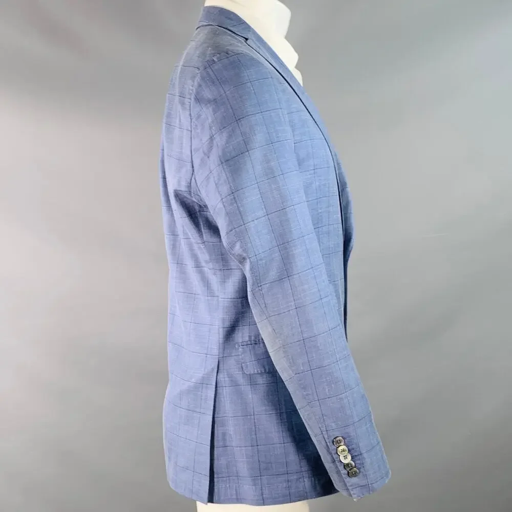 HUGO BOSS Size 40 Blue Black Window Pane Silk Linen Tailored Fit Sport Coat